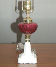 Red CRANBERRY MILK Glass HURRICANE Lamp Brass White Oil Conversion Fenton Sm picture