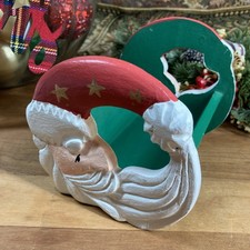 Vtg Santa Hand Painted Wood Christmas Business Card Trinket Plant Etc Holder 6” picture