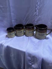 Brown Stoneware Glazed Ceramic Crock Measuring Cups Vtg Set of 4 Cottage Farm picture