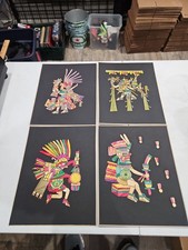Pair of Vintage Mayan Aztec Design Dyed Straw Artwork unframed - 🇺🇸 SHIPPED picture