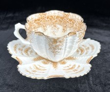 Antique Wileman Scalloped Transferware Teacup & Saucer England Brown Bone China picture