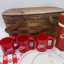 Vintage Nike Picnic Basket Set Rare Retro 80s/90s Employee Promo Mugs Thermos picture