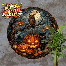 Halloween Pumpkin Owl Spooky Artwork Metal Tin Sign Round Wall Decor Plaque 8x8 picture