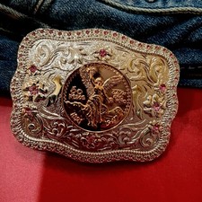 Centenario Western Belt Buckle Rosetone Silver Pink Rhinestone Faux Mexican Peso picture