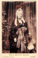 c1880s Newry Ireland Cabinet Card Photo, Older Woman with Furs & Elaborate Hat picture