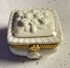 White Floral Hinged Trinket Box w/ Gold Trim, Embossed Decorative Box picture