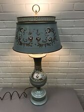VTG BEAUTIFUL DUSTY BLUE TOLE PAINT LAMP AND SHADE 32” TALL 3 WAY SWITCH picture