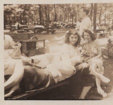 Two Pretty Women Picnic Table Park People Trees Summer Gathering 1947 picture
