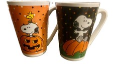 2 Snoopy Woodstock Halloween Mugs Tall Mug Peanuts Gang Pumpkin Patch EUC picture