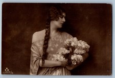 c1910's Victorian Woman Braided Long Hair Flowers RPPC Photo Antique Postcard picture