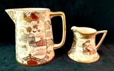 Set of 2 Satsuma Moriage Pitchers Nippon Hand Painted Figurative w/Gold Details picture