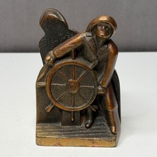 Vtg Blodgett Studios Cast Iron Sailor Helmsman Ship Wheel Nautical Bookends Pair picture