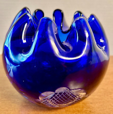 Vintage Cobalt Blue Rose Bowl Cut to Clear Bohemian Art Glass Vase Ruffled EUC picture