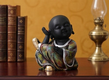 Baby Monk Buddha Statue, Black Resin Laughing Monk Figurine picture