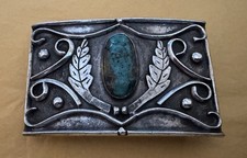 True Vintage Fantastic Unbranded Native Sterling Silver & Turquoise Belt Buckle picture