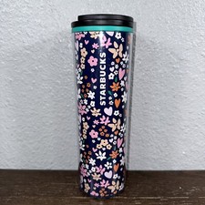 Starbucks Valentines Day 2018 Floral Hearts Tall Navy Blue Tumbler Acrylic 16 oz picture