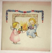 Vintage Girl Angels Knitting by Fireplace Christmas Greeting Card 1940s-50s MCM picture