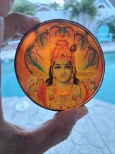 Vintage Hindu Lord Vishnu Inverse Painted Glass Amulet With Copper Metal Edge picture