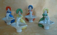 4 Vtg Japan Porcelain Girl W Hat Holds Basket Figurines ~ Red/Blue/Green/Yellow picture