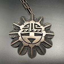 Vintage Hopi Bernard Dawahoya Sun Face Kachina Silver Pendant Necklace 24