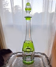 Val St Lambert 1940s-50s MCM Signed Peridot Cut to Clear Crystal Decanter 16.5