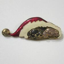 Goldtone Enamel Brooch Puppies In Santa Hat Pin Holiday Jewelry picture