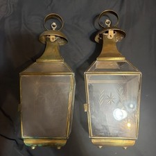 Pair of Vintage Etched Glass Starburst Brass Hexagonal Lanterns candle holders picture