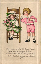 Vintage Child Birthday Postcard Girl Roses Chair 1¢ Franklin Posted 1910s picture
