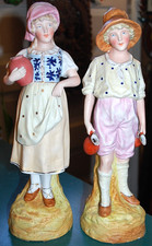 SET 2 Antique GEBRUDER HEUBACH Porcelain Figurines BOY & GIRL W MILK JUGS c1900 picture