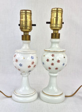 Vintage Czech Bohemian Cased Glass Table Lamps Enamel Floral Milk Opaline Pair picture