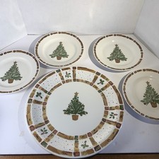 Vtg 90s Pier 1 Natural Christmas Platter & 4 Side Plates Set Tree England 12.5” picture