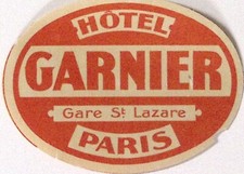 c1940s Hotel Garnier Paris Luggage Label 3.75