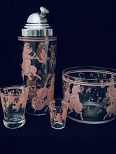 VTG 1950s MCM Hazel Atlas Pink Musical Dancing Pigs 12pc Cocktail Barware EUC picture