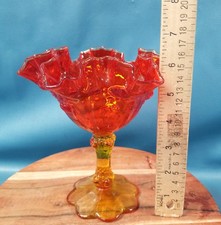 Vintage Fenton Cabbage Rose Amberina Ruffle Orange Glass Compote Pedestal Bowl picture