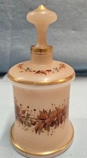 Vintage French Bohemian Frosted Opaline Cologne Jar Floral Gold Stopper 5.5