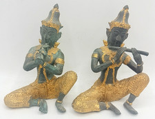 Set 2pc Vtg Bronze Gold Gilt Green Thai PRINCE MUSICIANS Flute Horn Figures picture