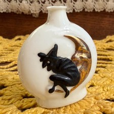 Antique Halloween Milk Glass Perfume Bottle w/ Witch & Golden Moon Germany 1930s picture