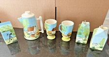 Vintage Linda Davis Country Farm Ceramic Coffee Set 6 Pc Signed 1970s 1980s picture
