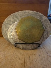6 VTG Etched Gilt Silverplate Oval And 1 Brass Octagonal Trivets picture