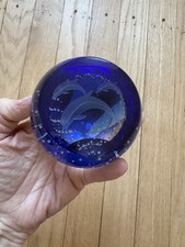 Rare Caithness Scotland Glass Paperweight Blue Bubbles & Jumping Dolphins VGC picture