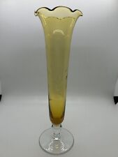 Amber Vase Ruffled top handblown etched glass footed vintage picture