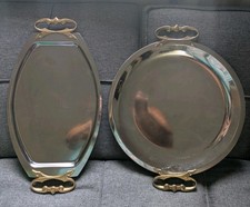 1950s Kitchen 2 Kromex Trays Lot Brass Handles Chrome Aluminum Vintage USA  picture