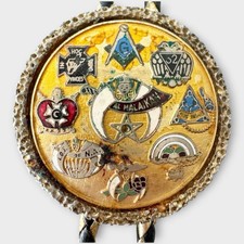 Vintage Masonic Bolo Tie Slide Gold Tone Multi Emblem Shriners Al Malaikah 80s picture