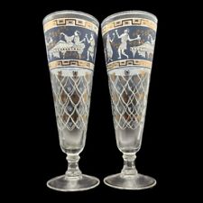 2 Vtg Cera 22K Gold Etruscan Frieze Pilsner Footed Barware Glass Ancient Rome picture