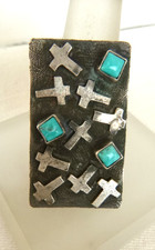 Navajo Scott Skeets 9-Cross Ring 925 Sterling Silver Kingman Turquoise Adj Size picture