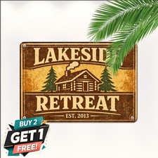 Rustic Family Cabin Vacation Retreat Sign Personalized Lake Metal Tin Plaque picture