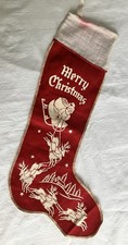 Vintage Stenciled Merry Christmas Stocking Santa Reindeer Crinoline Not Felt picture