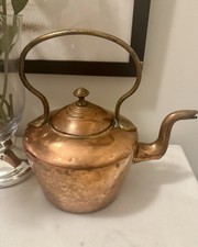 Antique French Copper Tea Kettle 19thC Dovetailed Goose Neck Brass Handle Pot picture