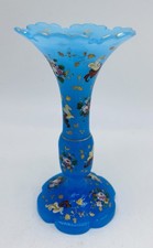 ca.1880’s Fine French BACCARAT Cut Blue Opaline Glass Vase Floral Enamel picture