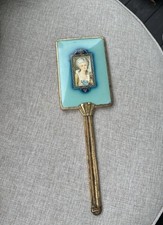 Vintage French  Vanity Mirror Blue Enamel Celluloid Miniature Portrait Brass picture
